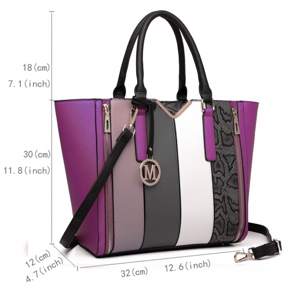 LT6624 - Miss Lulu Panelled Stripe Design Tote Handbag Purple